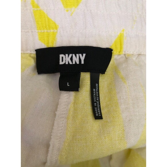 DKNY Women’s Large Linen Blend Shorts – Yellow White Abstract Drawstring Casual - Picture 4 of 9
